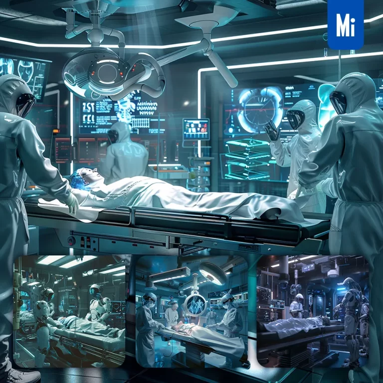 midjourney prompt futuristic medical bay robotic AI surgeons operating operate sci-fi photography