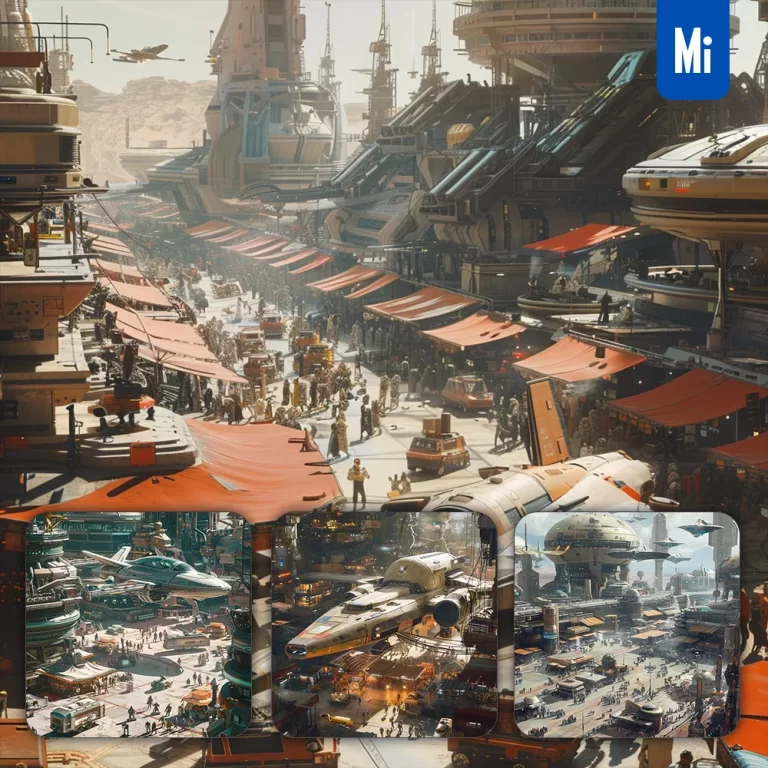 midjourney prompt futuristic spaceport alien spacecraft exotic market sci-fi photography