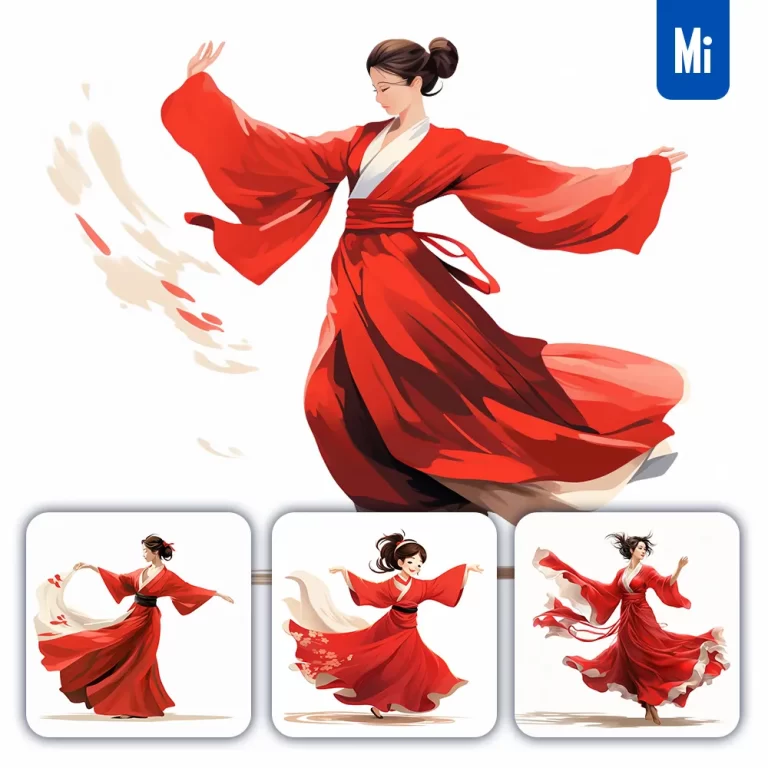 midjourney prompt girl Japanese woman red kimono dance illustration vector painting