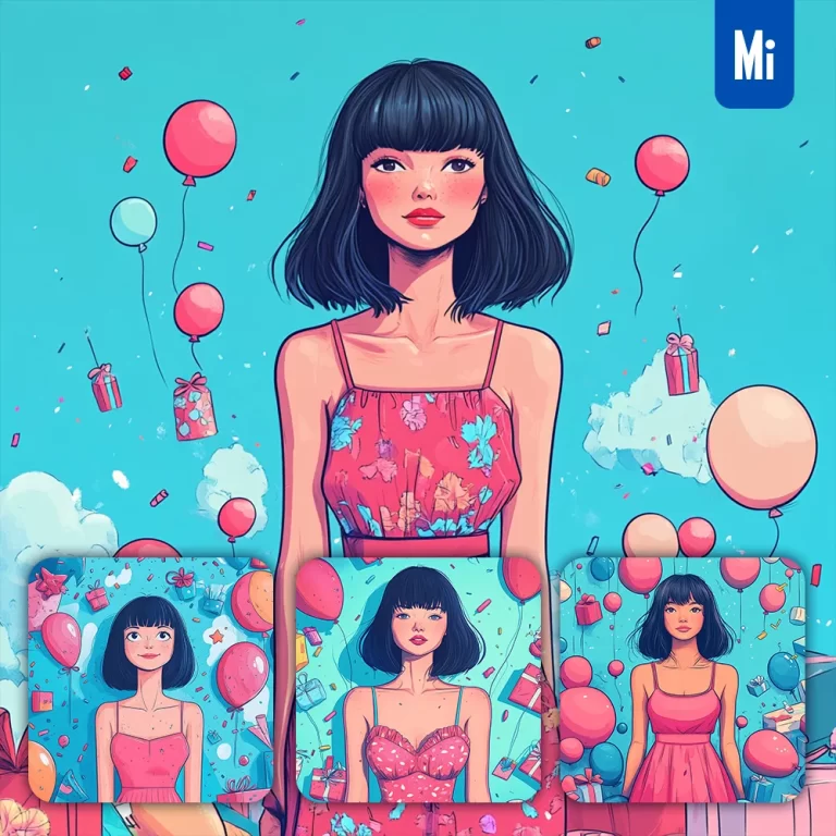 midjourney prompt girl woman bangs gift dress balloon illustration cartoon