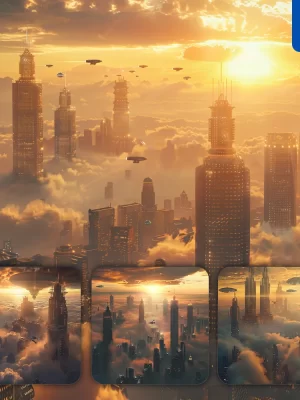 Midjourney Prompt Golden Cloud City Gold Skyscraper Building Sunset Airship Scene Sci Fi Photography