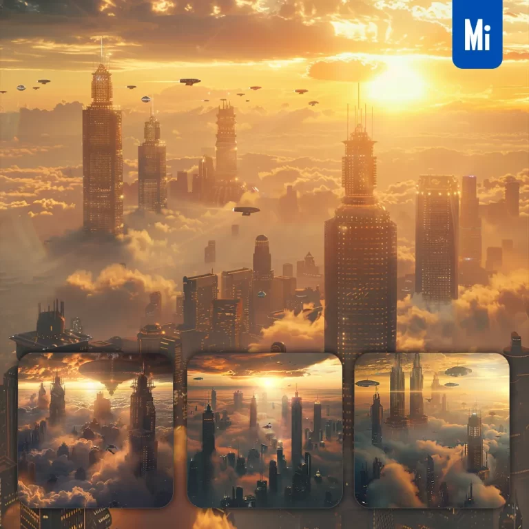 midjourney prompt golden cloud city gold skyscraper building sunset airship scene sci-fi photography
