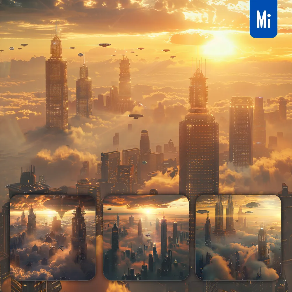 Midjourney Prompt Golden Cloud City Gold Skyscraper Building Sunset Airship Scene Sci Fi Photography