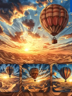 Midjourney Prompt Golden Desert Sand Dune Hot Air Balloon Sunset Landscape Illustration