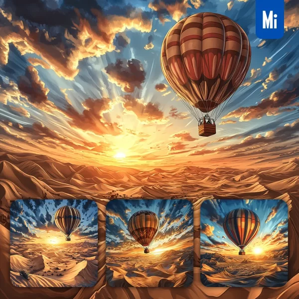 Midjourney Prompt Golden Desert Sand Dune Hot Air Balloon Sunset Landscape Illustration