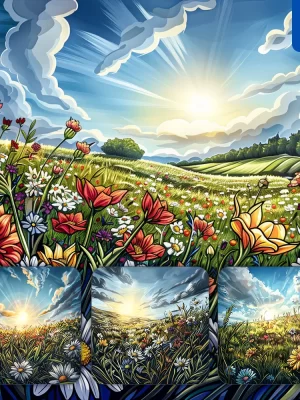 Midjourney Prompt Grassland Sunlight Wildflower Meadow Landscape Illustration