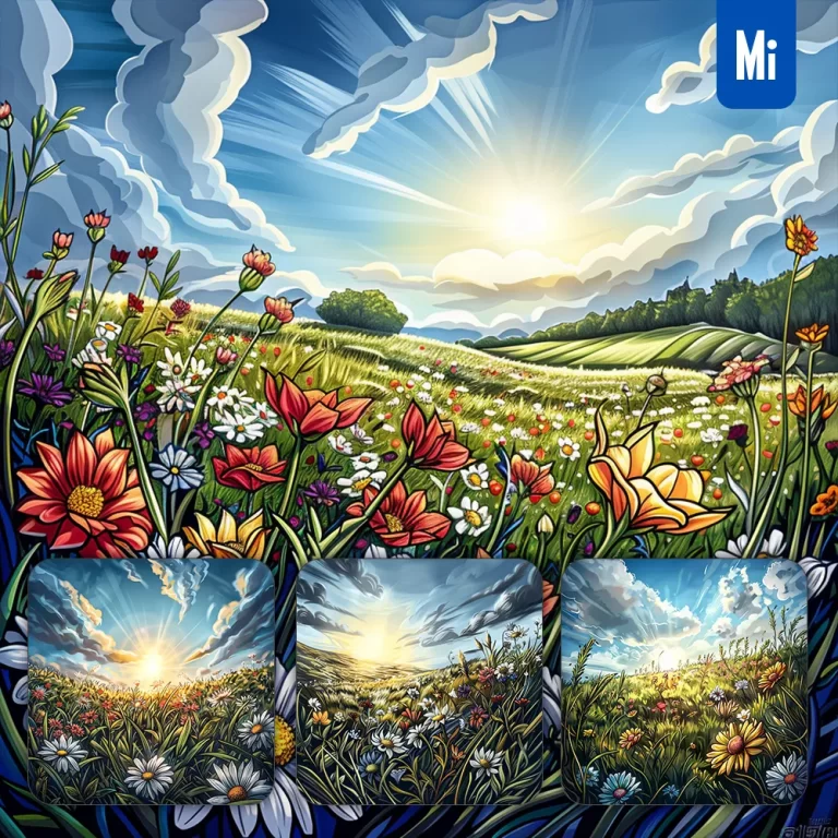 midjourney prompt grassland sunlight wildflower meadow landscape illustration