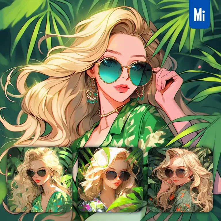 midjourney prompt green sunglasses beautiful girl woman illustration portrait painting tropical rainforest plantain leaves