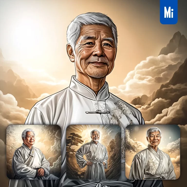 midjourney prompt kind old man grandpa grandfather Chinese Japanese portrait illustration