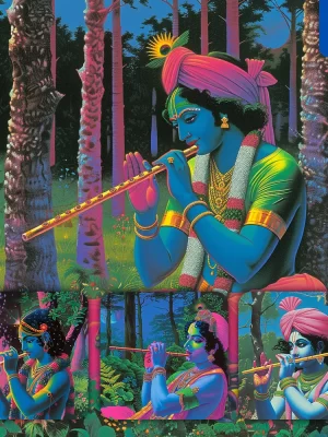 Midjourney Prompt Krishna Indian Flute Hinduism Art Blue Illustration