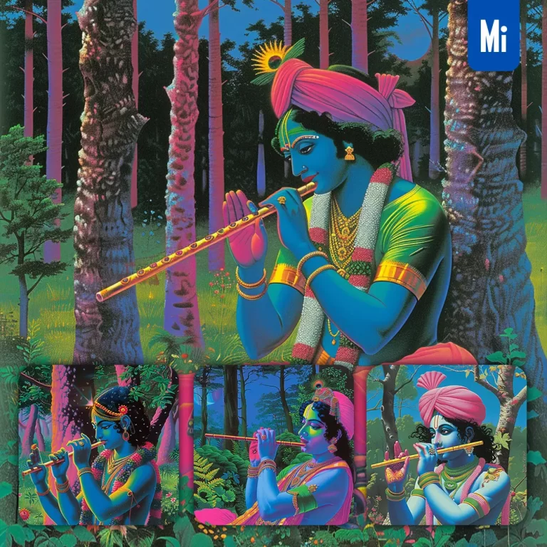 midjourney prompt krishna Indian flute Hinduism art blue illustration