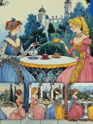 Midjourney Prompt Lady Woman Villa Afternoon Tea Illustration