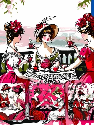 Midjourney Prompt Lady Woman Villa Afternoon Tea Illustration Pink Drawing