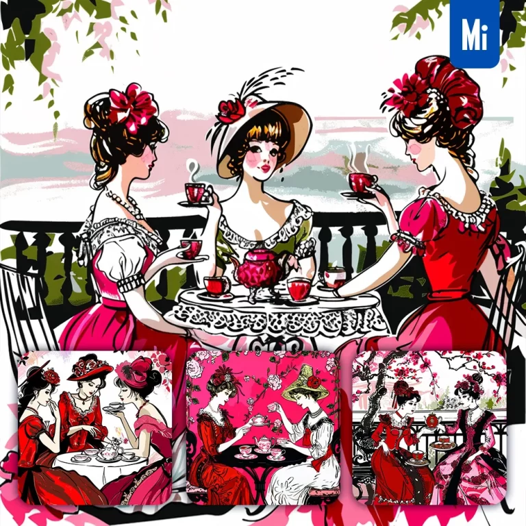 midjourney prompt lady woman villa afternoon tea illustration pink drawing