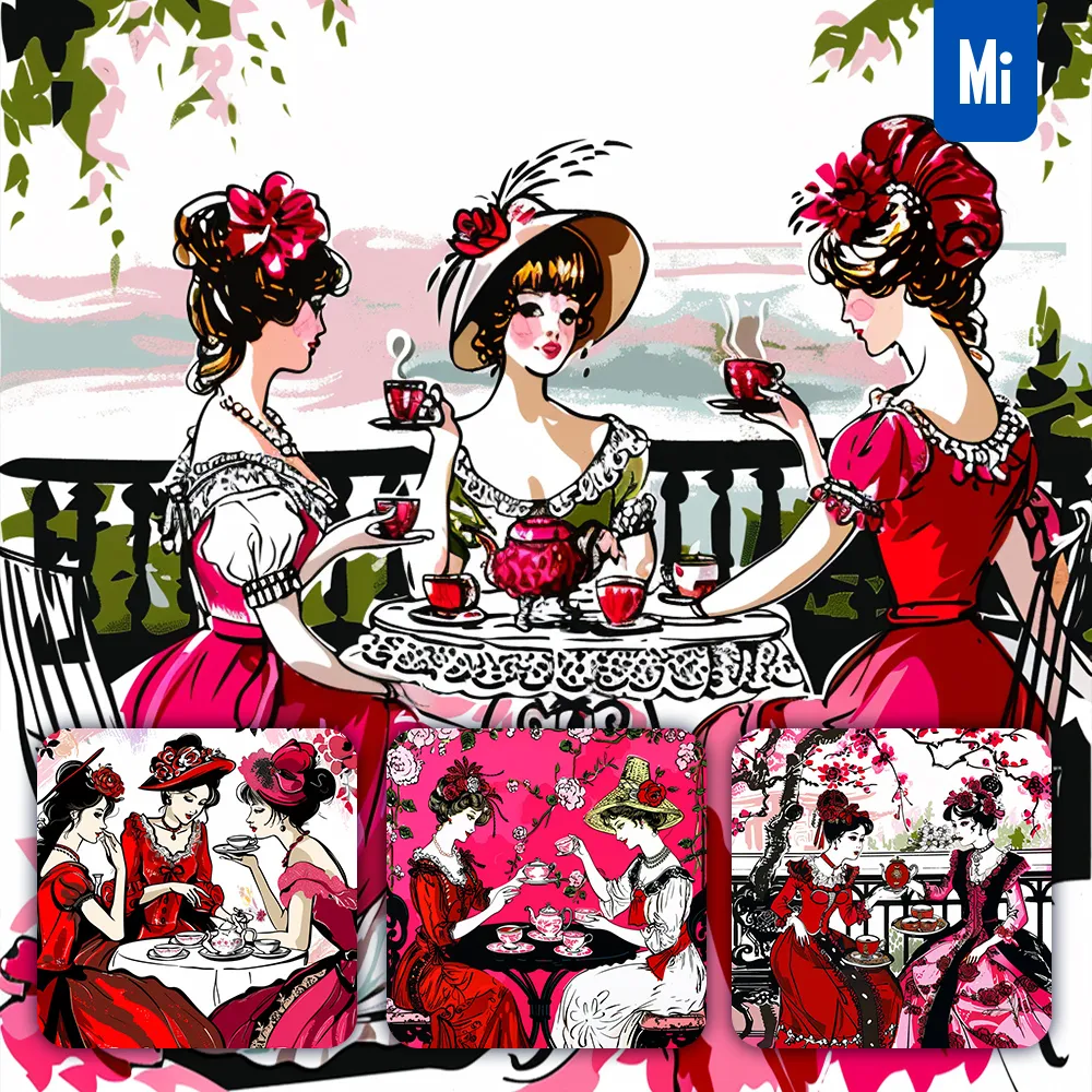 Midjourney Prompt Lady Woman Villa Afternoon Tea Illustration Pink Drawing