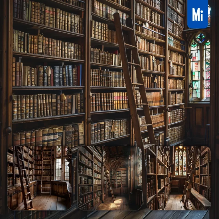 midjourney prompt library volume book ladder wooden shelf indoor architectural photography