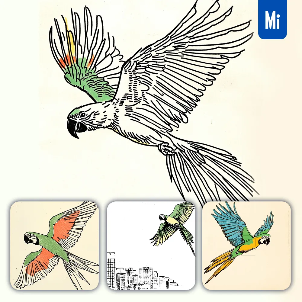 Midjourney Prompt Macaw Parrot Bird Fly Lines Vector Drawing Illustration