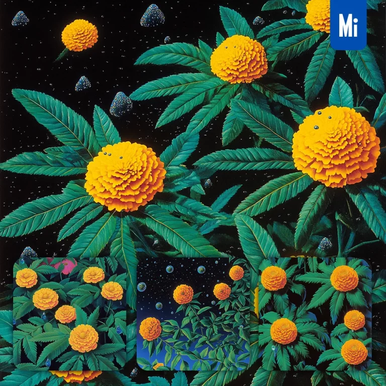 midjourney prompt marigold flower branch leaves leaf dewdrop illustration