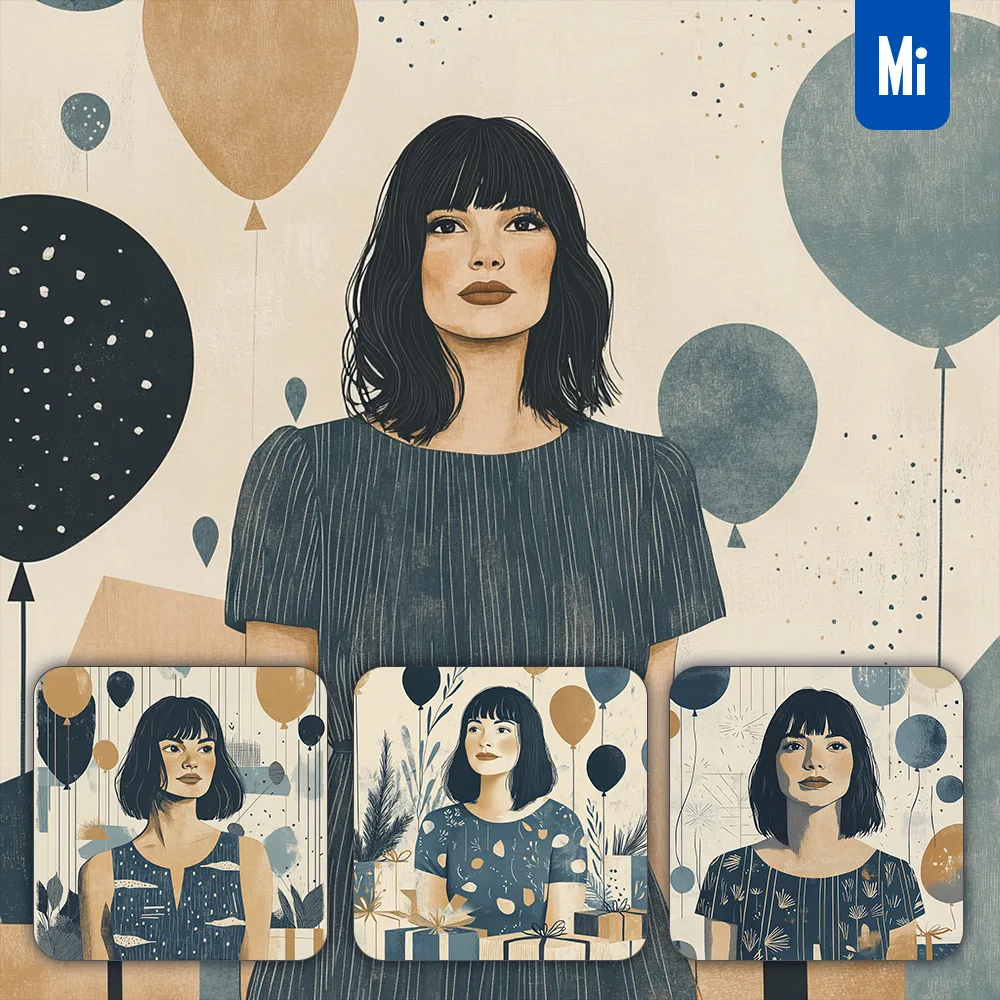 Midjourney Prompt Modern Woman Portrait Painting Dress Gift Balloon Bangs