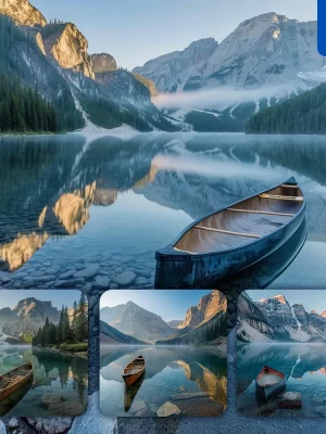 Midjourney Prompt Mountain Lake Canoe Boat Water Sunrise Landscape Photography