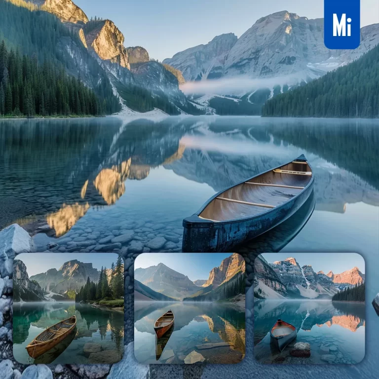 midjourney prompt mountain lake canoe boat sunrise water landscape photography