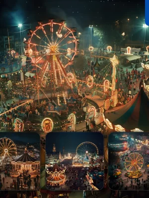 Midjourney Prompt Night Amusement Park Carnival People Ferris Wheel Carousel Urban Photography