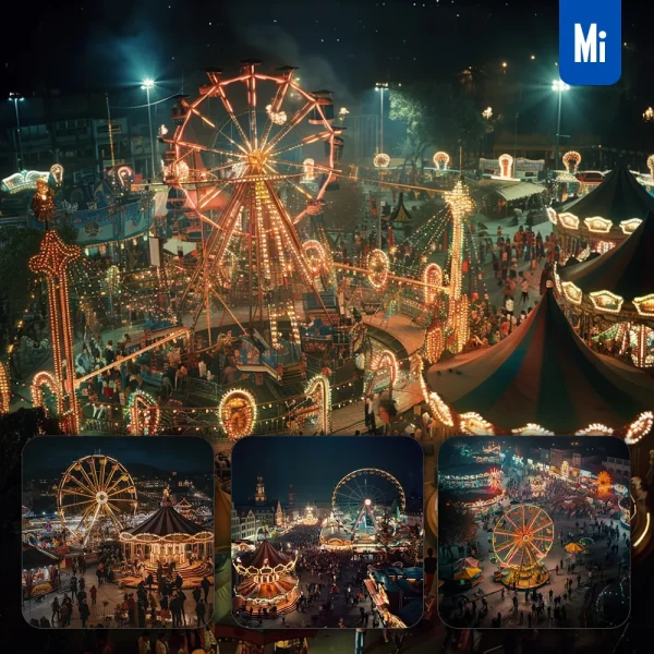 Midjourney Prompt Night Amusement Park Carnival People Ferris Wheel Carousel Urban Photography