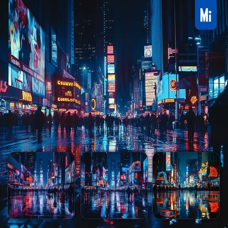 midjourney prompt night city street neon light skyscraper urban photography pavement