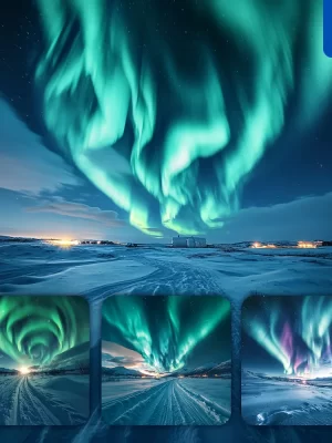 Midjourney Prompt Northern Polar Light Snowy Snowland Aurora Sky Landscape Photography