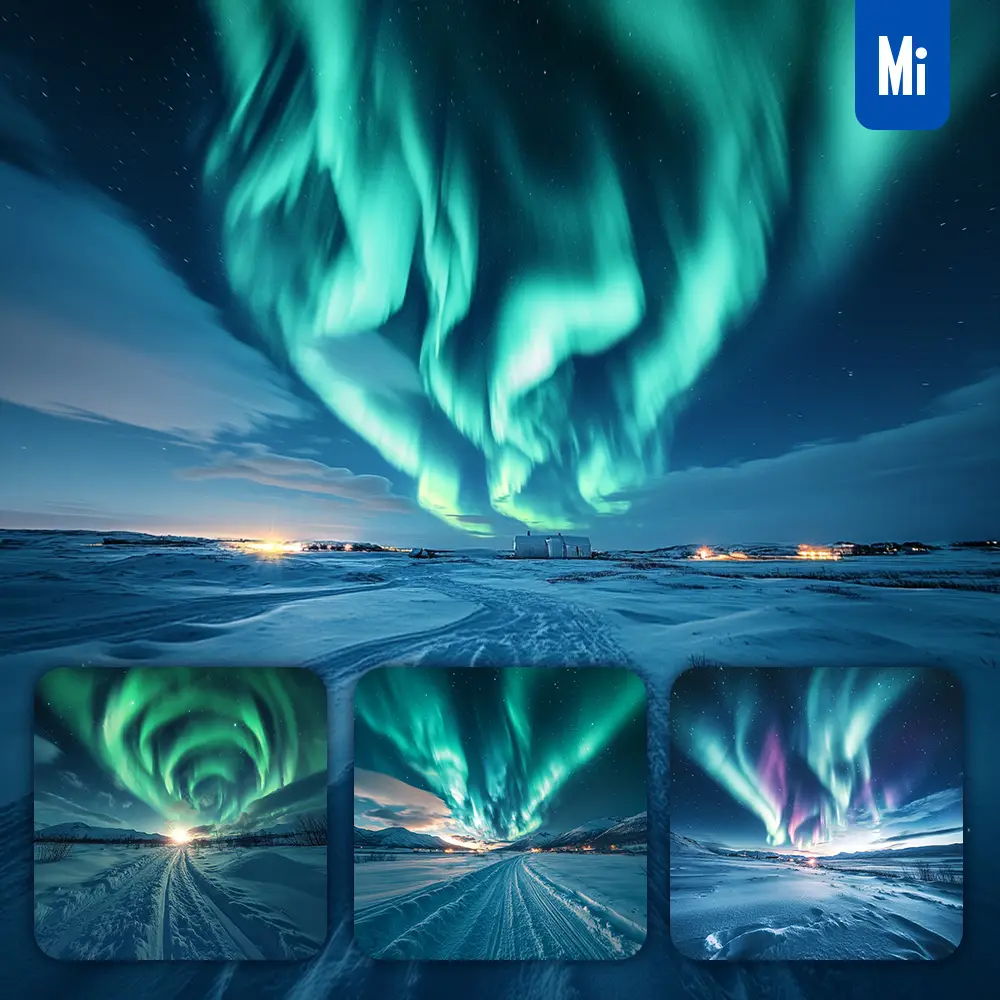 Midjourney Prompt Northern Polar Light Snowy Snowland Aurora Sky Landscape Photography