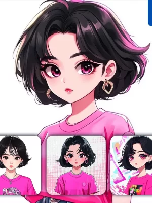 Midjourney Prompt Pink Girl Portrait Cute Illustration Cartoon Painting Comics