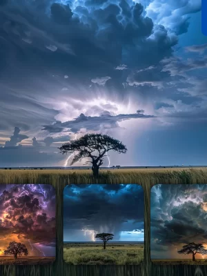 Midjourney Prompt Plain Rain Thunderstorm Cloud Flash Lightning Tree Landscape Photography