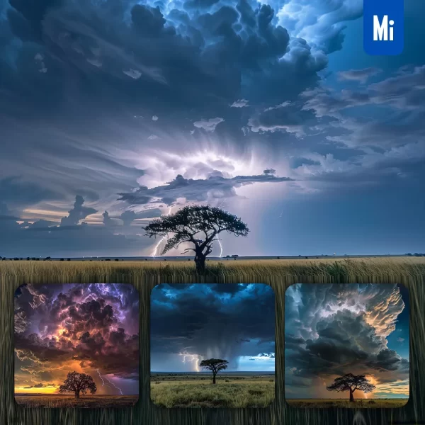 Midjourney Prompt Plain Rain Thunderstorm Cloud Flash Lightning Tree Landscape Photography