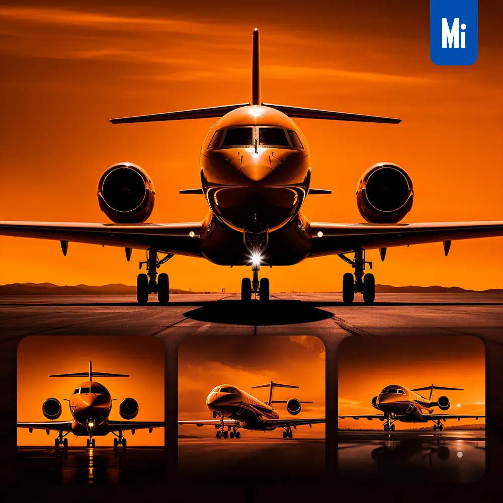 midjourney prompt private jet airplane front orange yellow silhouette photography