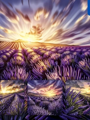 Midjourney Prompt Purple Lavender Sunset Field Horizon Sky Rows Landscape Illustration