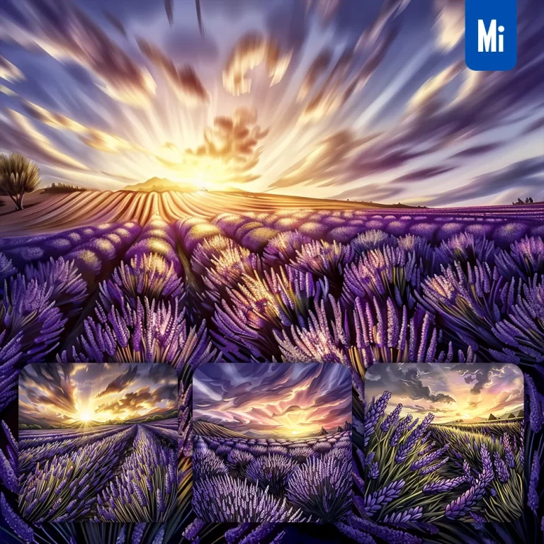 midjourney prompt purple lavender sunset field horizon sky rows landscape illustration