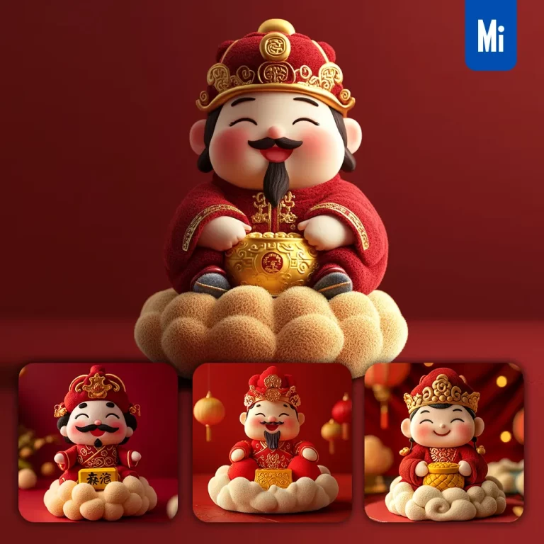 midjourney prompt red golden 3D smile Chinese God Wealth cute cartoon gold ingot