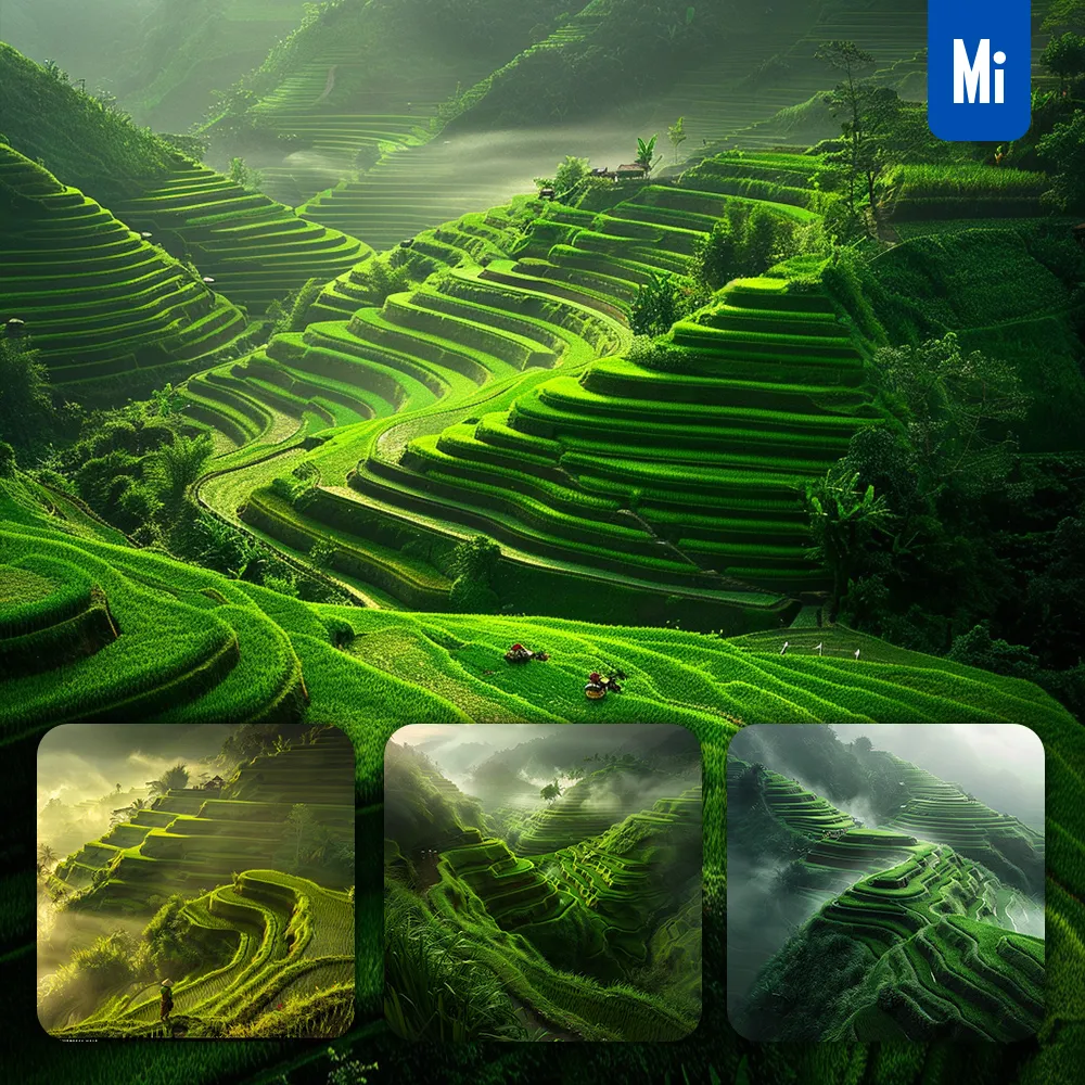 Midjourney Prompt Rice Terrace Bali Misty Mountain Hillside Green Farmer Landscape Photography