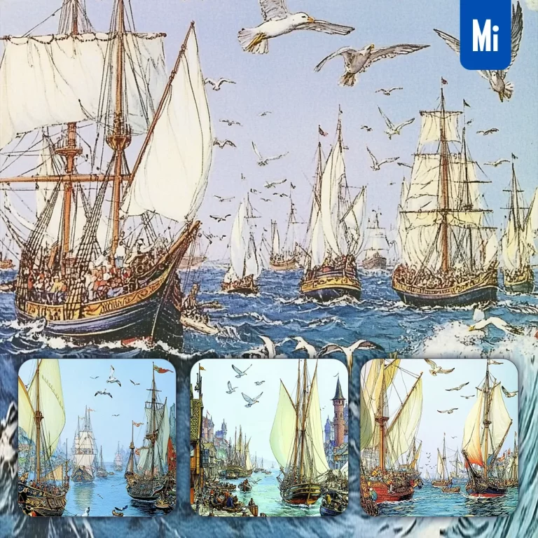 midjourney prompt sailing ship harbor sea seagull illustration