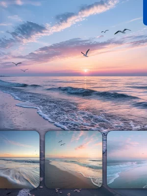 Midjourney Prompt Sea Beach Wave Seagull Sky Sunrise Water Light Landscape Photography