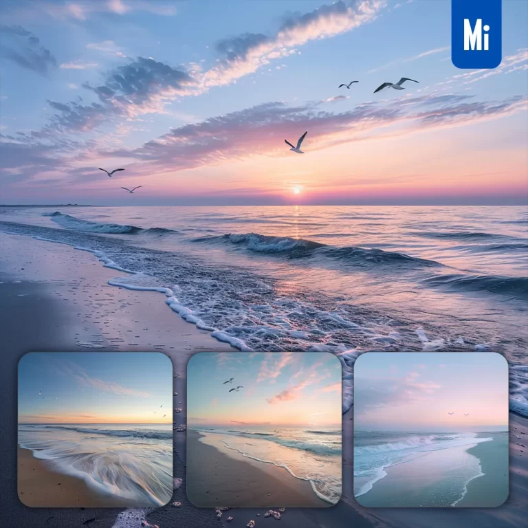 midjourney prompt sea beach wave seagull sky sunrise water light landscape photography