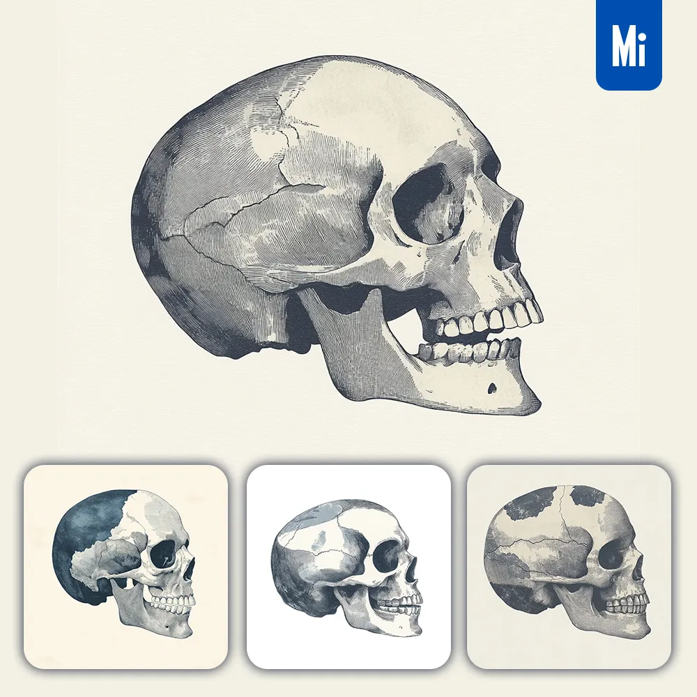 Midjourney Prompt Skull Black And White Vintage Illustration Sketch Drawing Side