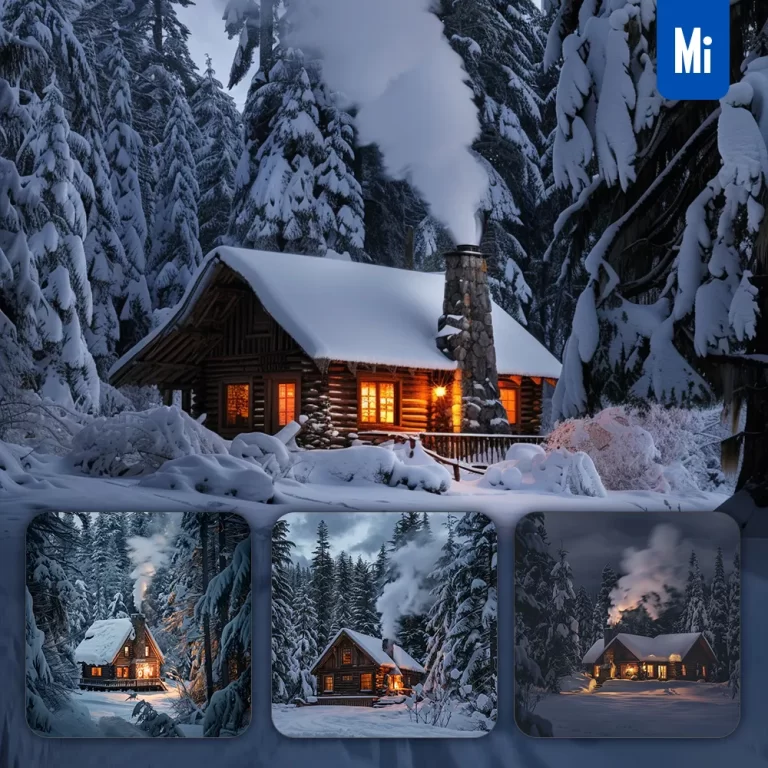midjourney prompt snow house forest cabin house woods winter landscape photography