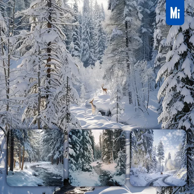 midjourney prompt snow snowy forest winter pine tree deer landscape photography