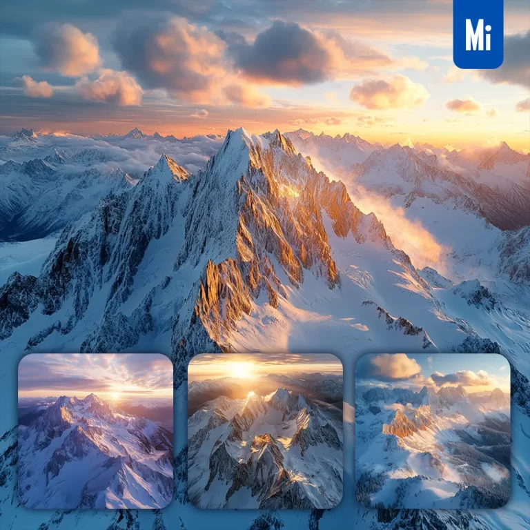 midjourney prompt snowy snow mountains sun sunset sunrise landscape photography
