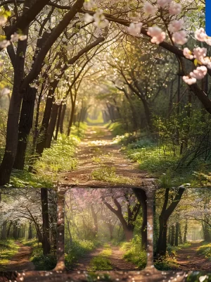 Midjourney Prompt Spring Forest Path Cherry Blossom Tree Trail Landscape Photography