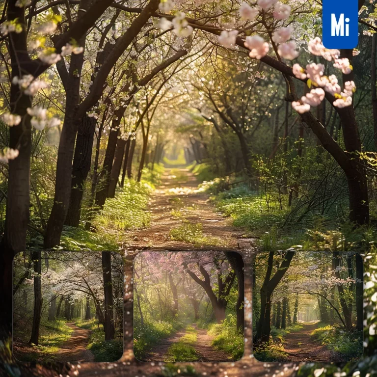 midjourney prompt spring forest path cherry blossom tree trail landscape photography