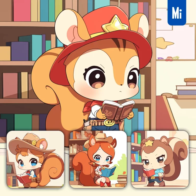 midjourney prompt squirrel bookcase book read cowgirl animation cartoon