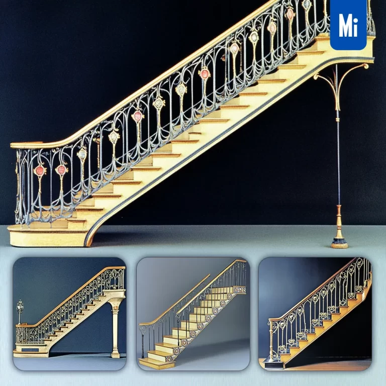 midjourney prompt staircase handrail wooden side lateral stairway illustration