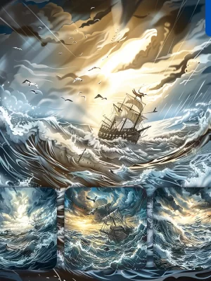 Midjourney Prompt Stormy Sea Ship Rainstorm Water Wave Cloud Landscape Illustration